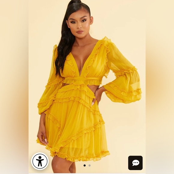 LUXXEL MUSTARD‎ V-NECK RUFFLE CUT-OUT BACK TIE-UP DRESS WITH LONG SLEEVE Size S - Picture 2 of 6